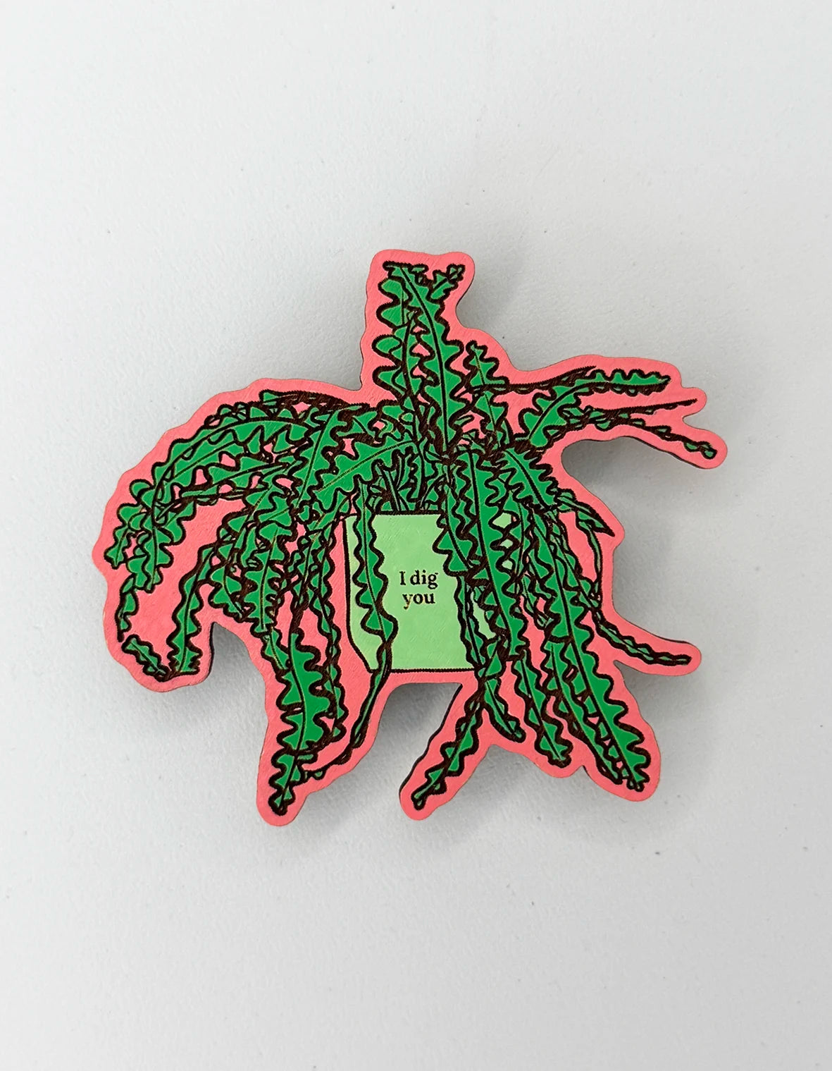 Hand-Painted Mini Magnet | Fishbone Cactus (I dig you) | Dark Green / Pastel Green / Coral | Height 8cm