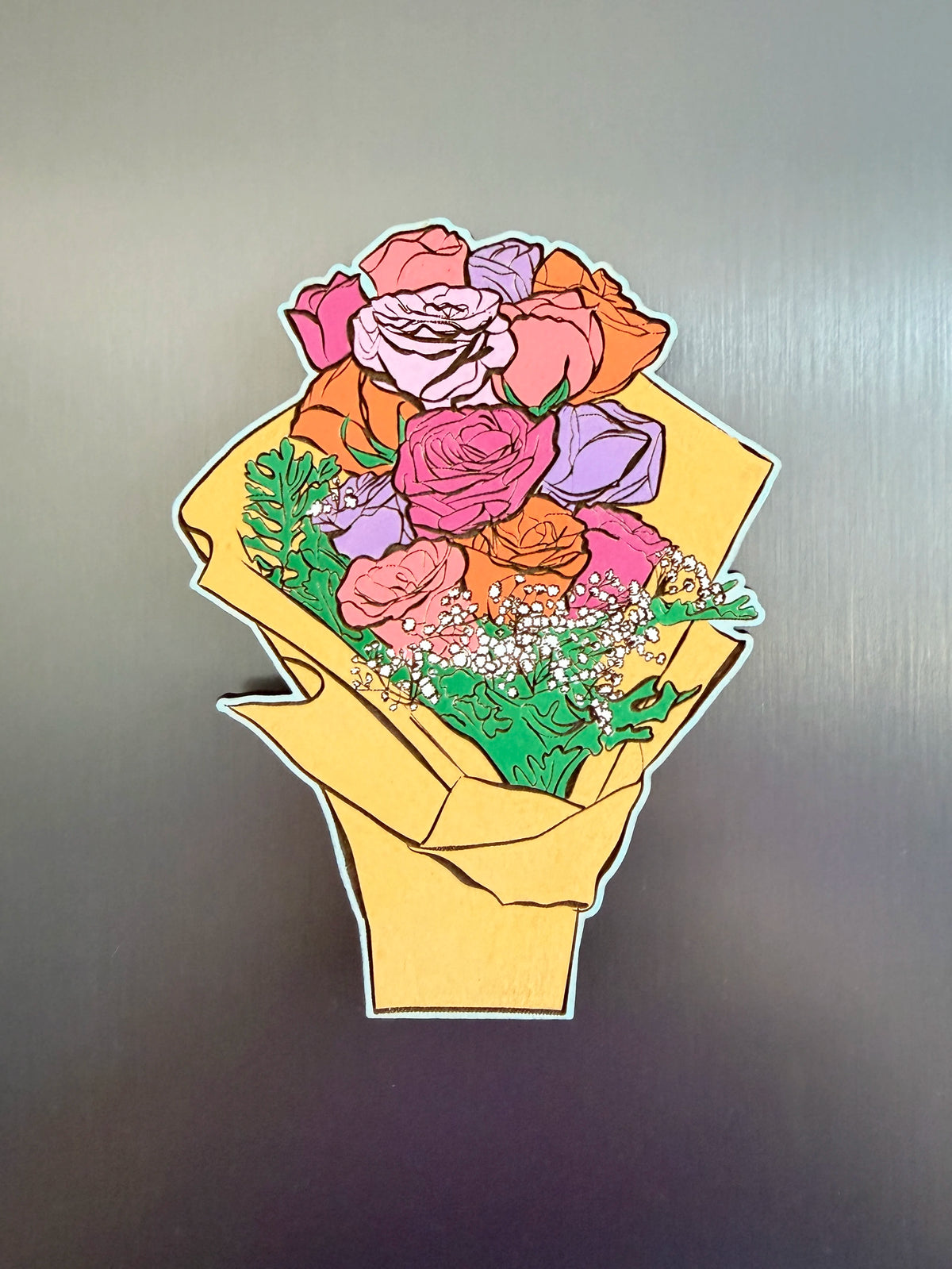 Hand-Painted Magnet | Rose Bouquet | Mustard, Violet, Pinks | 11.5cm tall