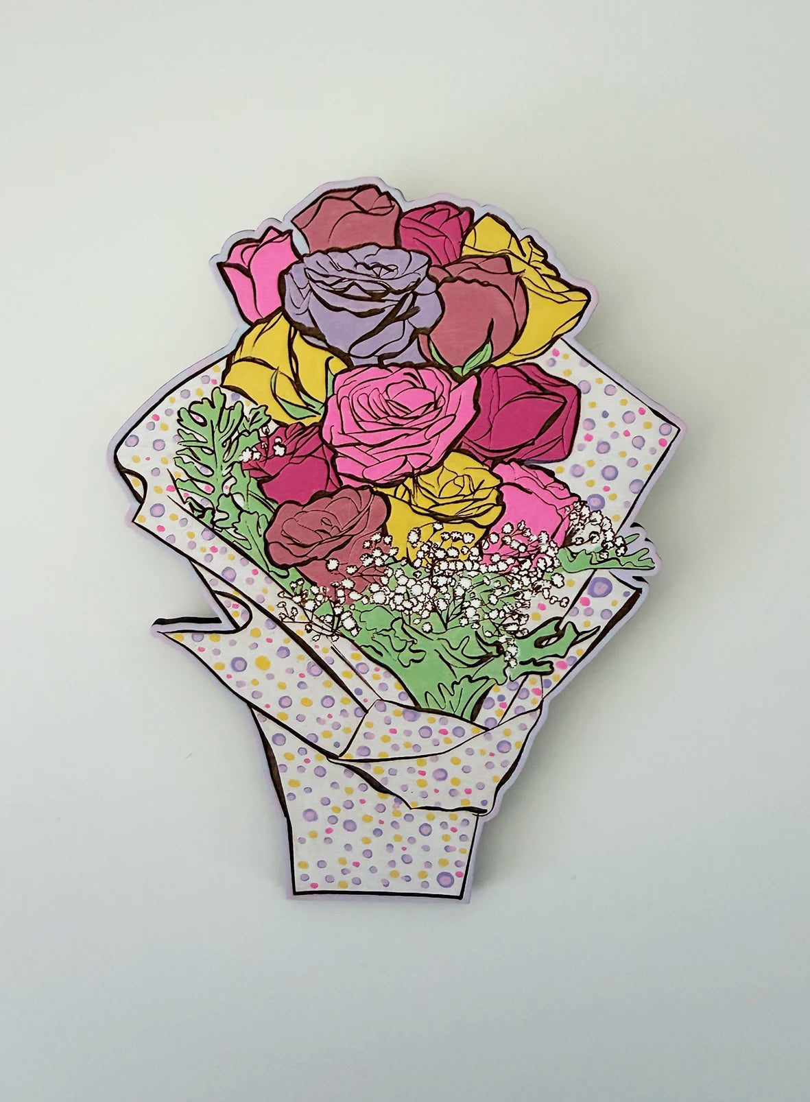 Hand-Painted Magnet | Rose Bouquet | White & Multi-Colour Polka Dot | Height 13.5cm