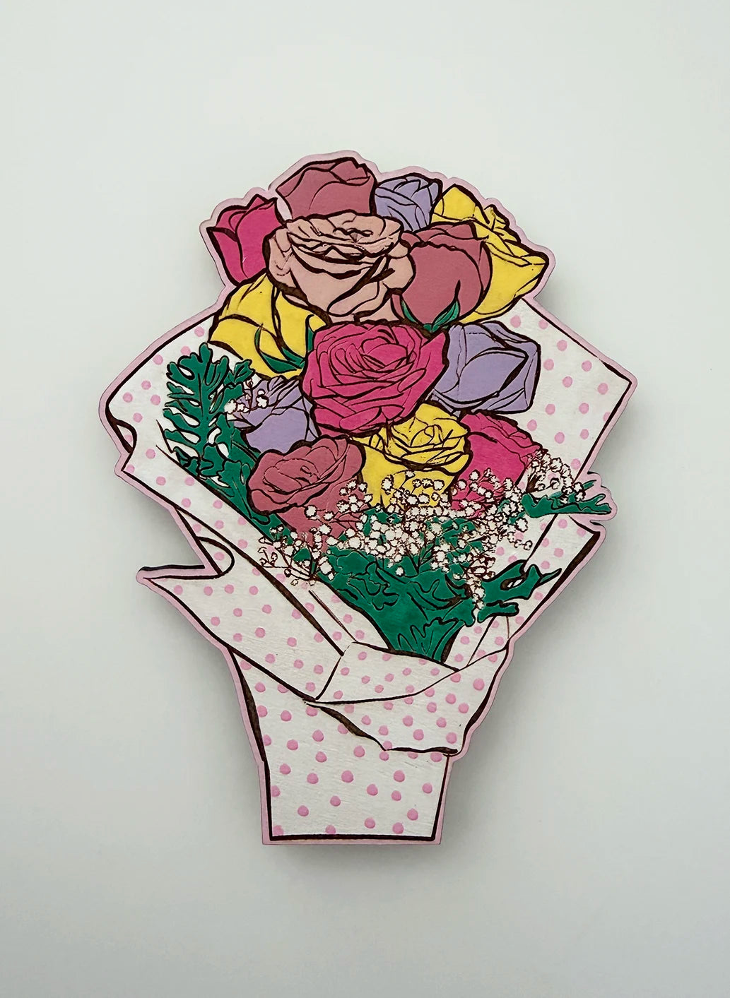 Hand-Painted Magnet | Rose Bouquet | White & Pink Polka Dot | Height 12cm